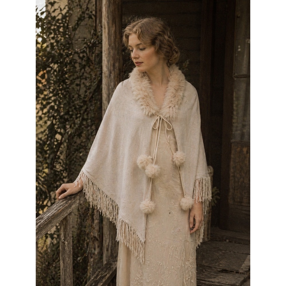 Vintage Rabbit Fur Trim‎ Pom Pom Accents Cashmere Shawl Wrap Tassels Fringe